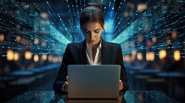 Businesswoman browsing and searching for internet data and information relating to networking