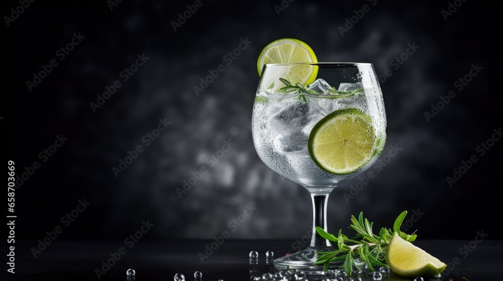 Poster classic gin tonic cocktail with dry gin tonic lime ice bar tools on a gray table with space for text