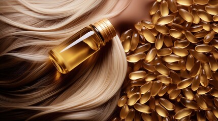 Golden hair capsules containing natural oil or serum for hair care Hair care and smoothing idea - obrazy, fototapety, plakaty