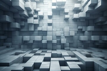 Arrangement of 3D tiles forming a shiny wall with a concrete, futuristic backdrop made from square blocks generated through computer graphics. Generative AI