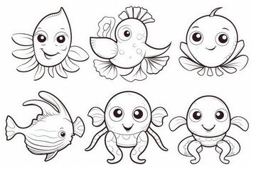 Obraz premium Bundle of Underwater animals for kids with simple lines.