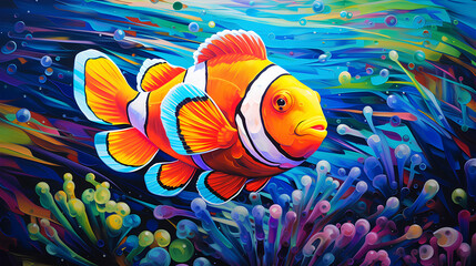 a clown fish swimming in the ocean, in the style of vibrant acrylic colors