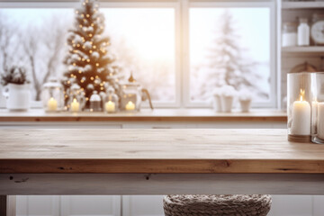 Empty wooden table in front of  winter holiday background with snowy Christmas tree and candles