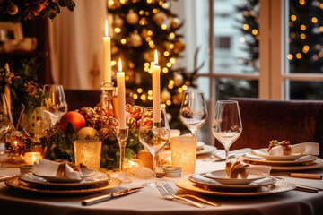 Christmas dinner table setting in beautiful warm cozy home, festive atmosphere with Christmas decorations and Christmas lights