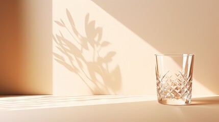 Bohemian crystal glass shining in sunlight shadows on a neutral beige background with a minimal luxe and modern interior design - obrazy, fototapety, plakaty