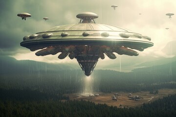 Illustration: landed futuristic UFO with alien invasion on Earth. Generative AI - obrazy, fototapety, plakaty
