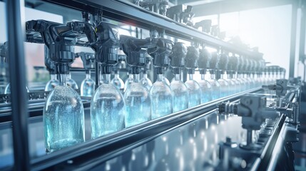 Factory utilizing Industry 4 0 with robotic arm handling water bottles on production line