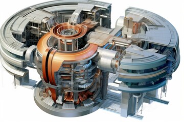 Cutaway of tokamak fusion reactor on white background. Generative AI