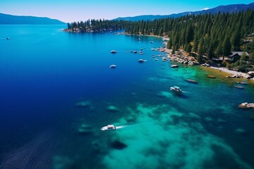 Aerial footage of a boat sailing on the picturesque waters of Lake Tahoe, California. Generative AI - obrazy, fototapety, plakaty