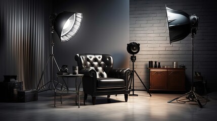 Fototapeta na wymiar Modern photo studio with armchair and professional equipment inside