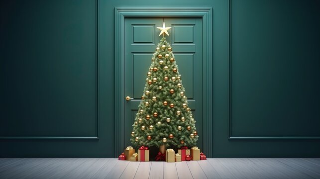 Christmas themed 3D rendering with a fir tree entering a door