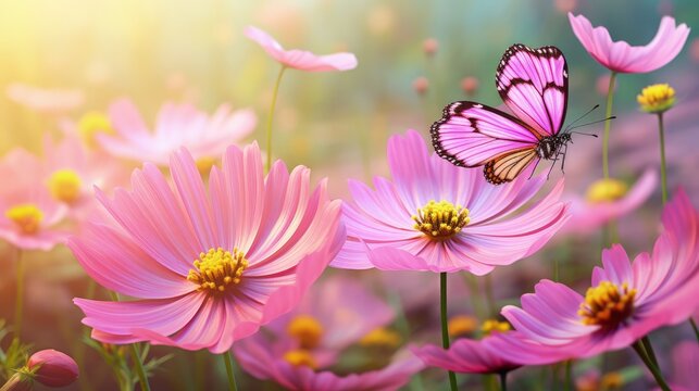 Close up of a refined image Pink Cosmos bipinnatus flower butterfly and natural background symbolize nature s beauty