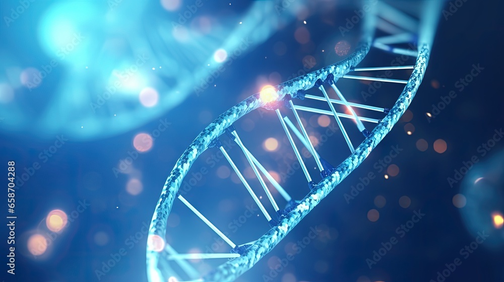 Poster Concept of innovation medicine and technology with 3D rendering of DNA texture in digital blue