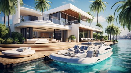 Obraz premium Luxurious villa with private yacht for a dreamy summer vacation