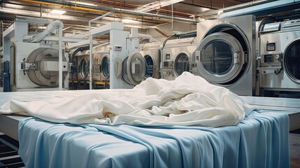 Factory shot featuring spinning industrial washing machines with a bed sheet displayed upfront - obrazy, fototapety, plakaty