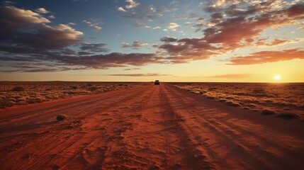 Australia red sand unpaved road and 4x4 at sunset Francoise Peron Shark Bay