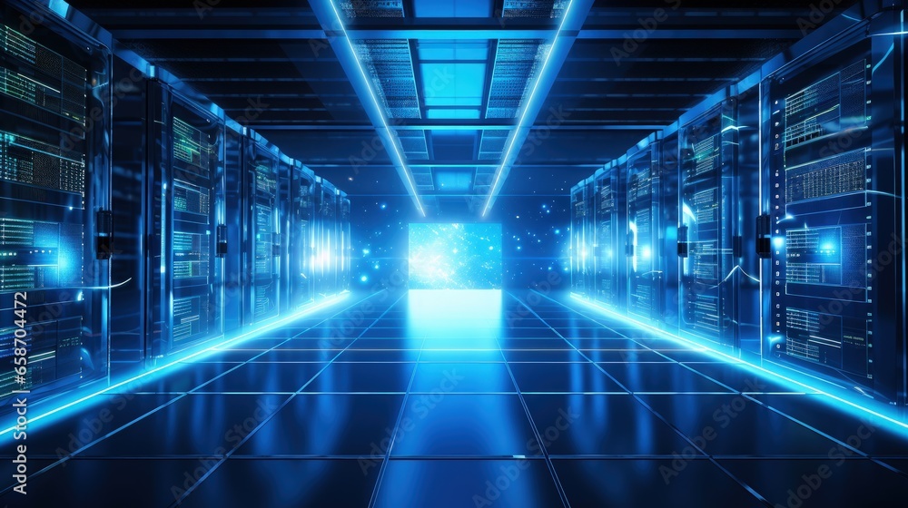 Aufkleber Blue lit server room in a datacenter represents the business concept of modern web and internet technology big data storage and cloud computing