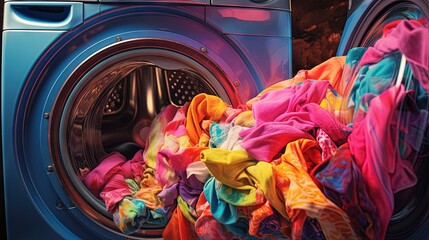 Close up view of a full colorful load in a front loading washing machine