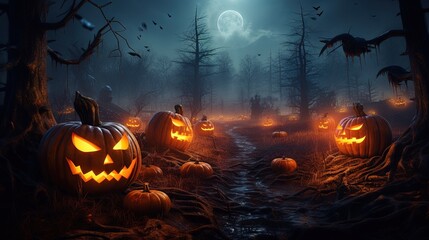Fototapeta na wymiar Burning pumpkins in dark forest Halloween backdrop