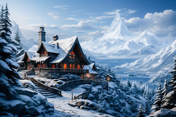 A cozy country house with luminous windows in a winter forest surrounded by snowy mountains and a blue evening sky.