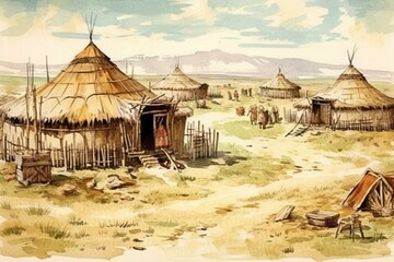 Traditional Mongolian dwellings in Mongolian steppe. Travel sketch. Hand-drawn vintage book illustration, postcard. Generative AI - obrazy, fototapety, plakaty