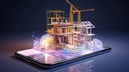 AR website poster or landing page design with isometric view of construction building home and hospital resembling a mobile app in a smartphone - obrazy, fototapety, plakaty