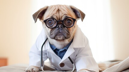 Cute small dog posing as a doctor on a white background indoors