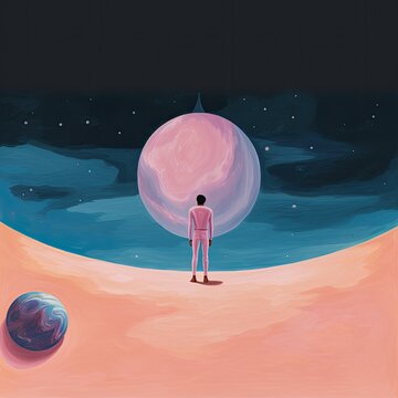 An illustration of a space traveler. A lonely contemplator looking at the planet in space. Astro traveling. One on one with your thoughts. Cosmic scene illustration. Peach fuzz shade, hue