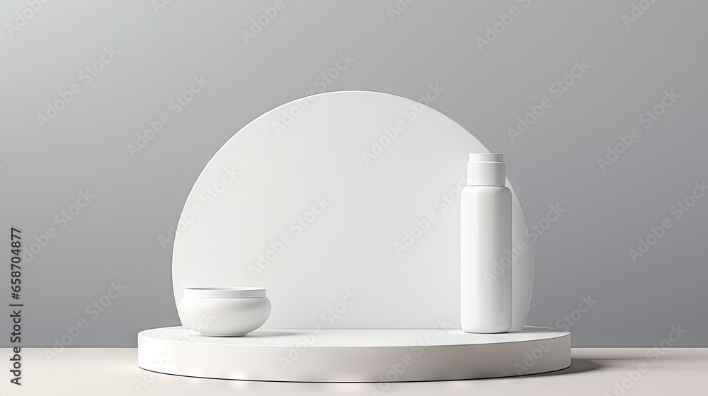 Aufkleber 3d rendering of white cylindrical podiums with matte glass walls on a white cloth background used fo
