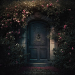 Fototapeta na wymiar Romantic Rose Bush Adorning a Blue Door,old door,door with flowers