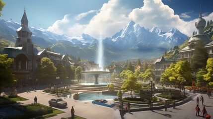 City square and mountain in summer - obrazy, fototapety, plakaty