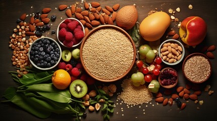 Fototapeta na wymiar High fiber products Nutritious diet food Overhead perspective