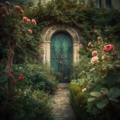 Naklejka premium Romantic Rose Bush Adorning a Blue Door,old door,door with flowers