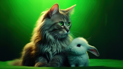 Beautiful Thai cat and furry rabbit sitting together on green background in neon light representing friendship love and care for animals