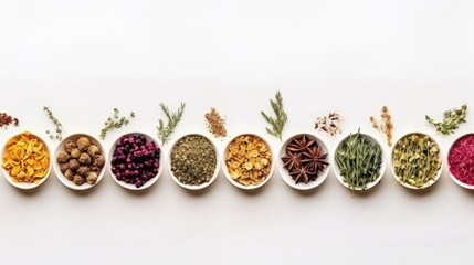 Different types of herbal tea made with natural herbs shown from above with room for text - obrazy, fototapety, plakaty