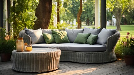 Gray cushions on stylish wicker sectional couch in lush garden