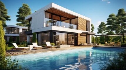 3D rendering of a modern house with parking and pool available for sale or rent featuring a wooden facade and attractive landscaping set against a sunny blue sky