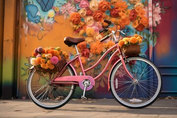 Fototapeta na wymiar A colorful bike with flower-filled basket parked near a graffiti wall adorned with screws. Generative AI