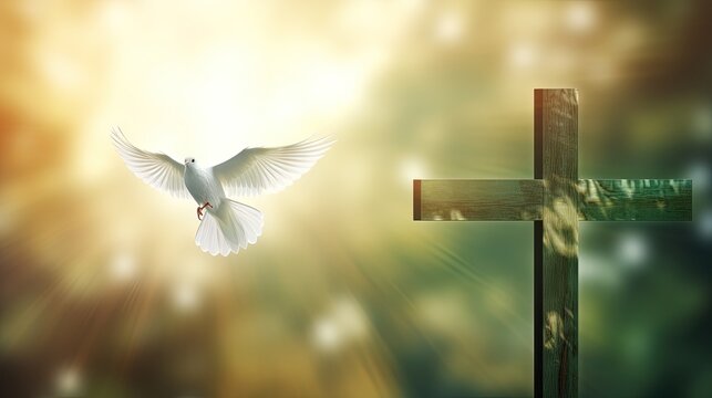 Cross with dove birch branches green background Holy Spirit symbol Trinity Sunday Pentecost Faith Church holiday