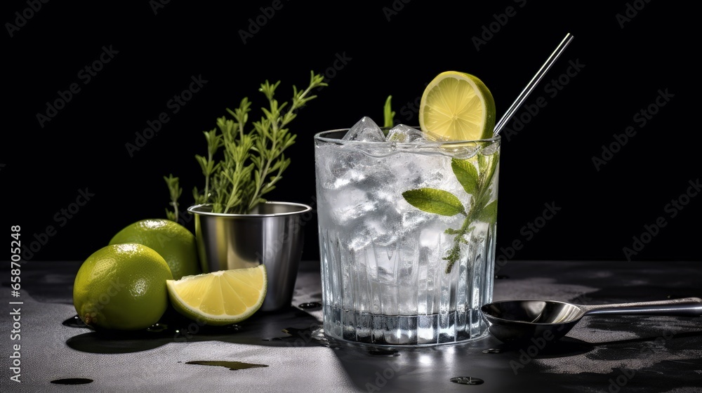 Poster classic gin tonic cocktail with dry gin tonic lime ice bar tools on a gray table with space for text