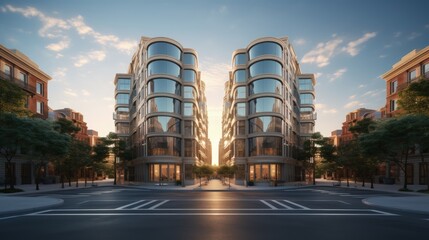 Modern symmetrical architecture in downtown condominium and apartment building - obrazy, fototapety, plakaty