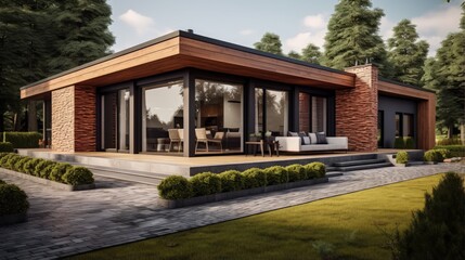 Fototapeta na wymiar Contemporary single story house Brick and wood exterior 3D rendering