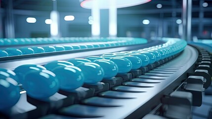 Capsules on conveyor in modern pharmaceutical factory during tablet and capsule manufacturing Close up shot of medical drug production line - obrazy, fototapety, plakaty