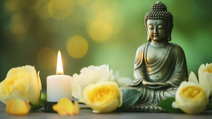 Asian spa ritual with Buddha statue yellow roses candles and serene ambiance for mental health and meditation