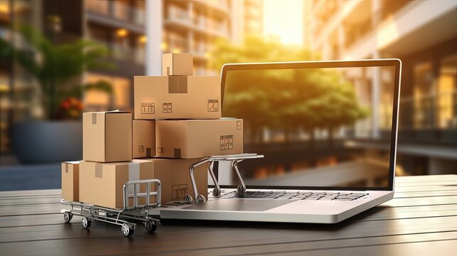 E commerce ideas items in cart and laptop on desk