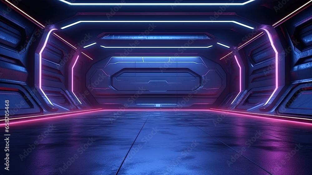 Poster multi colored alien spaceship in a futuristic underground setting