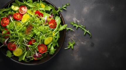Fresh salad with tomatoes and microgreens on concrete background Healthy food top view