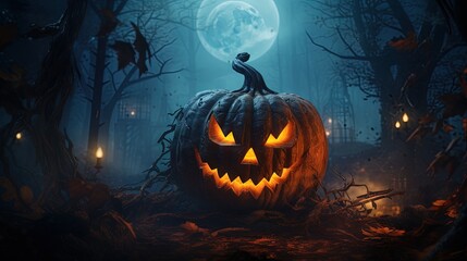 Halloween night 3D rendering of a pumpkin in a haunted forest