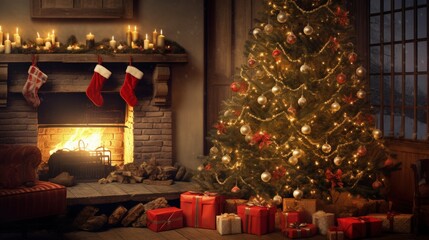 Decked living room with gifts beneath Christmas tree