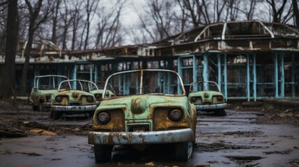 Fototapeta na wymiar Abandoned amusement car ride in Chernobyl s Ghost City of Pripyat
